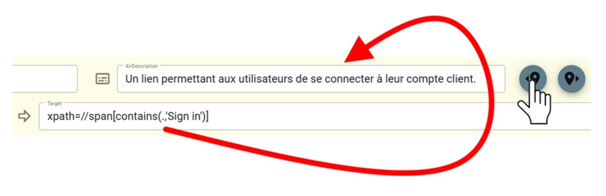 Dans l’éditeur CloudNetCare, le champ « AI-Description » indique « Un lien permettant aux utilisateurs de se connecter à leur compte client », relié au localisateur technique xpath de l’élément.
